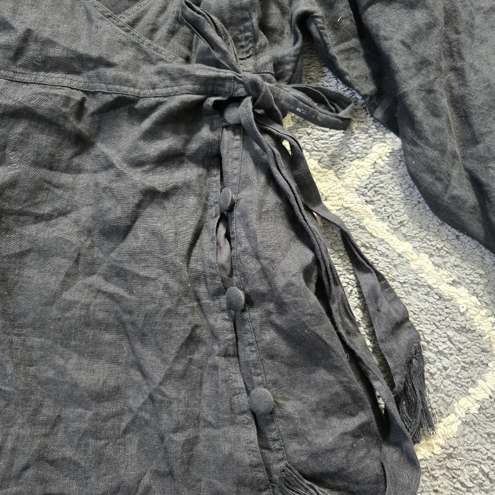 FREE PEOPLE Black Linen Carino Mini Wrap Dress Small Petite - Picture 5 of 14